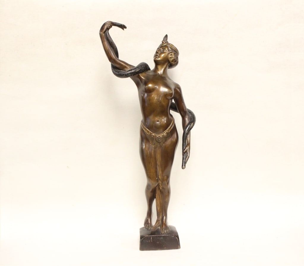 Bronze Sculpture of Art Deco Snake Dancer Figure: bronze sculpture is an Art Deco figure titled "Schlangentänzerin" (Snake Dancer), created by the German artist Felix Fesler in the 1920s.Dimension: 14"H . 