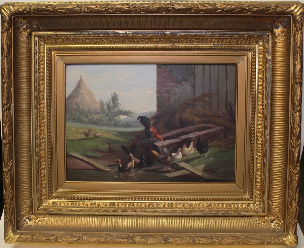 "Van.Leemputten",Dated 1894, Oil on Board: 19th-century oil painting typically attributed to members of the Belgian Van Leemputten family of artists. Specifically, the style and subject matter—a detailed farmyard scene featuring poultry and