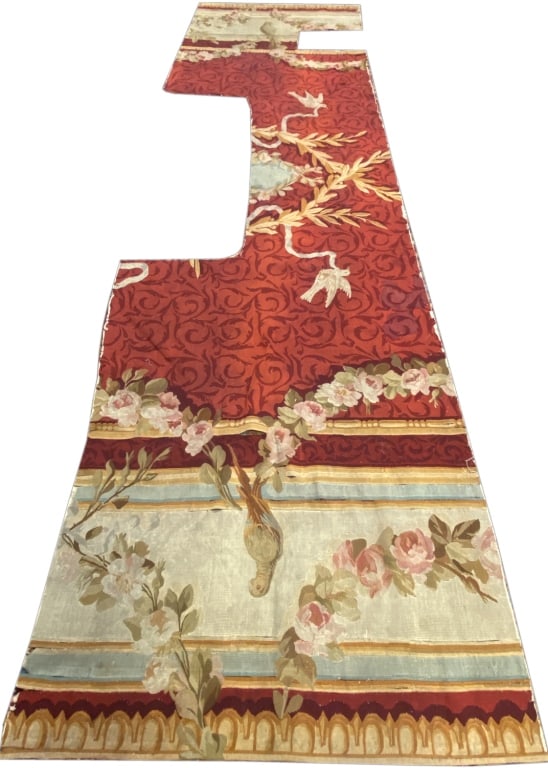 Antique Aubusson Hand-Made Tapestry: Dimension: 53"x 154"L. It features a handwoven floral and foliate design, often with birds or pastoral motifs, typically crafted from finely woven wool. The vibrant red field with intricate gold