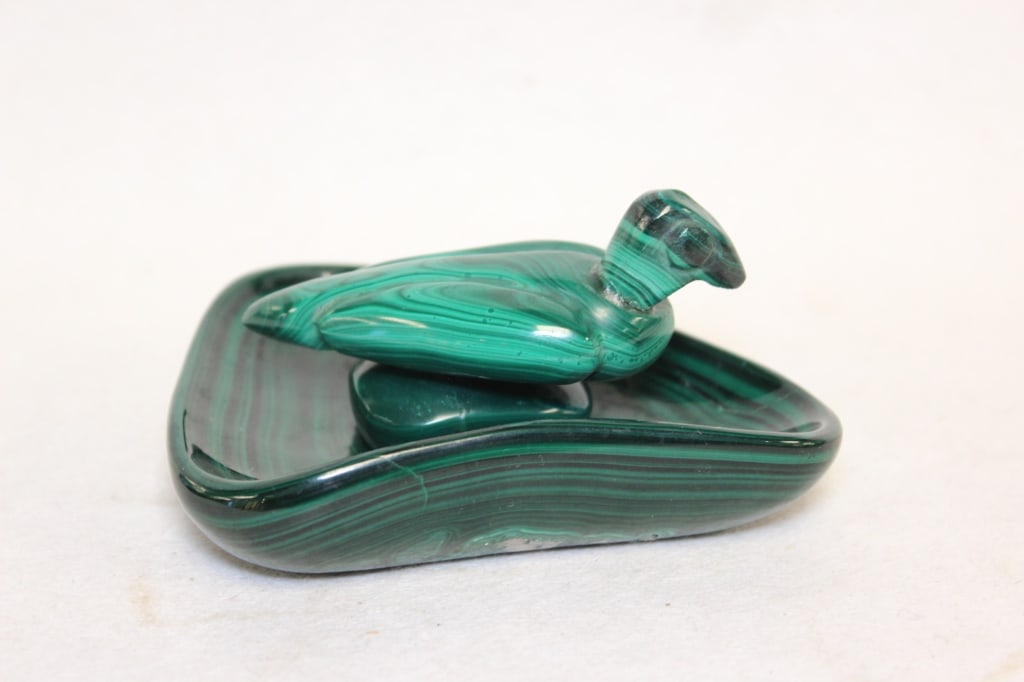hand-carved malachite Tray and Duck figurine,: Dimension: 3 1/4"L / 4 1/4"x 3 1/4". Each piece is typically individually hand-carved and polished