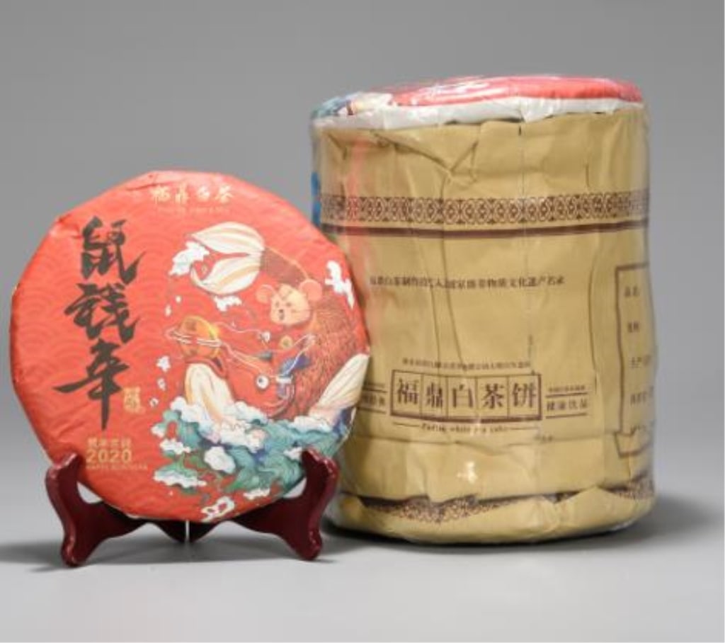 2015 Fuding White Tea: Dimension: 350gx8cakes. The artwork depicts a traditional "Rat" character in a vibrant, festive style, often seen in Chinese New Year collectibles.