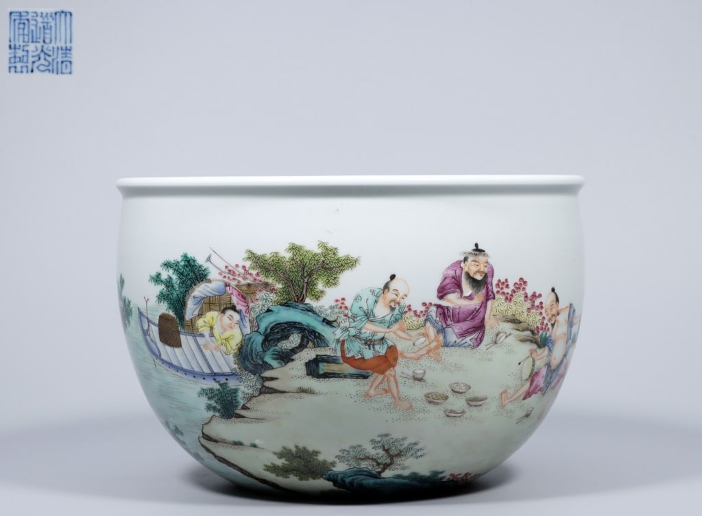 Chinese Famille Rose Porcelain Fish Bowl,Mark: Dimension: 14.5cm H x 22 cm x 22cm,weight is1630gram. The bowl features a hand-painted panoramic scene of traditional figures by a riverbank. The narrative shows people engaged in daily life near