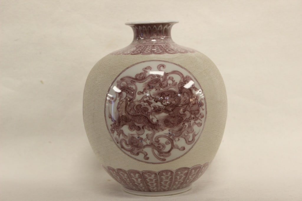 Good Japanese Glazed Vase w 3 Panel,Mark: Dimension: 8"H. The clear glass body features a distinctive spiral-moulded or "thread glass" pattern that tapers into a pedestal foot. The neck, spout, and ornate handle are made of