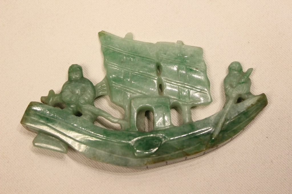 Chinese Green Jadeite Carved Boat and Boys: Dimension:12cm W