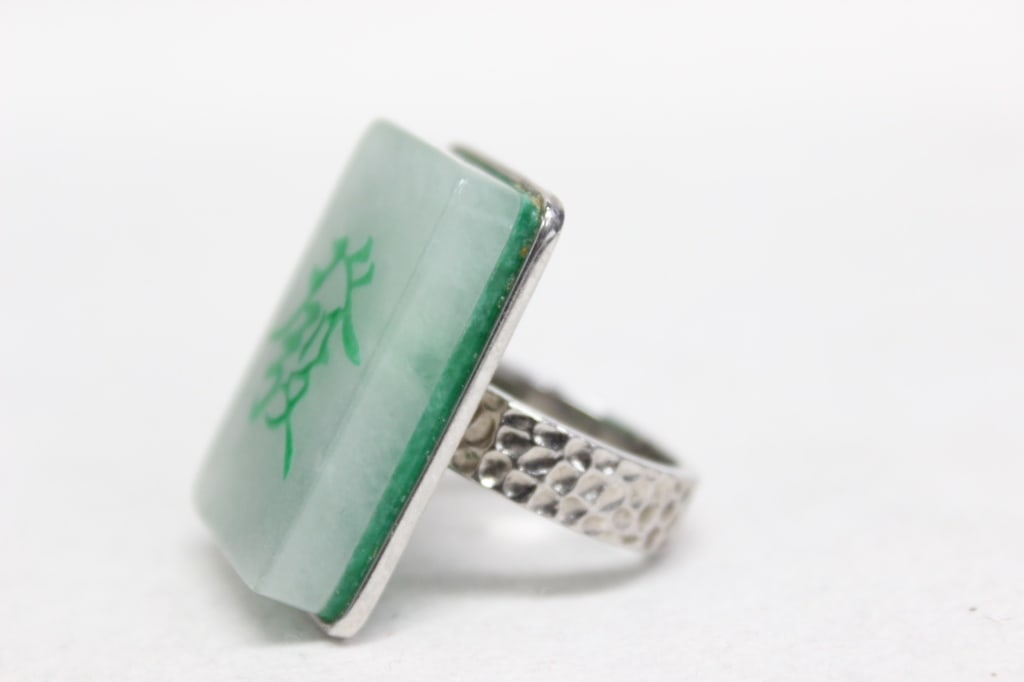 A Green Mahjong Tile Silver Ring - 2
