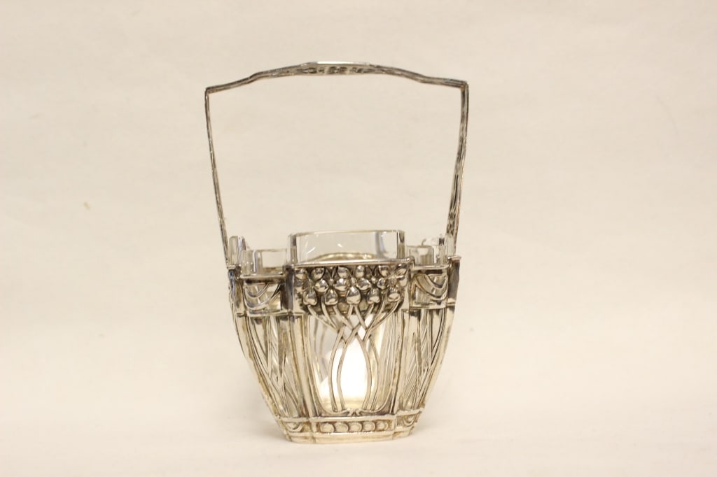 German Art Nouveau Sterling Silver Mounted Glass B: German Art Nouveau Sterling Silver Mounted Glass Bowl Dimension: 4 1/2" x 6"H. It features a decorative silver frame with a typical Jugendstil "tree of life" or stylized