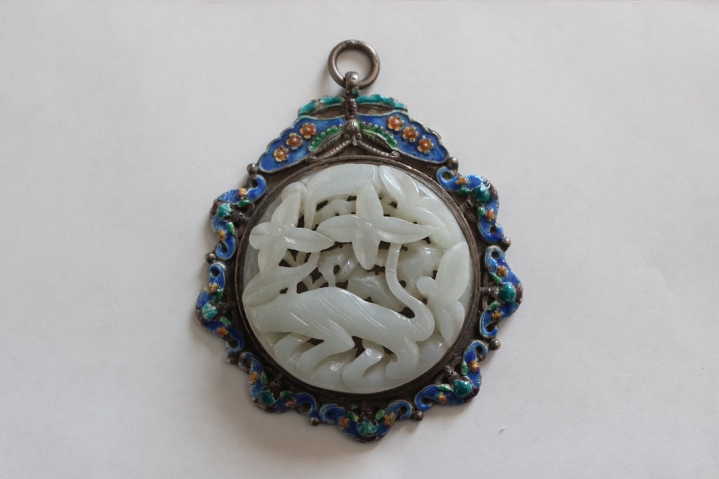 Chinese Jade Carved Plaque w Silver Mount (1 of 5)