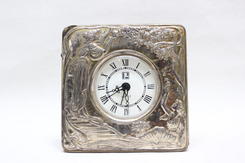 vintage sterling silver Art Nouveau desk clock, (1 of 6)