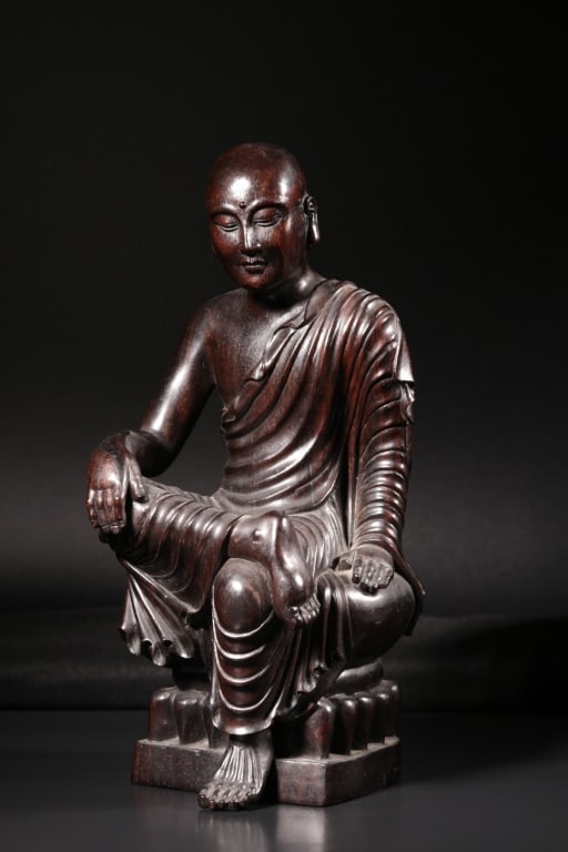 Chinese Zitan Wood Carved Luohan Figural: Chinese Zitan Wood Carved Luohan Figural . Dimension: 27cm H x12.5cm L x 12cm W,weight is 1496gram.
