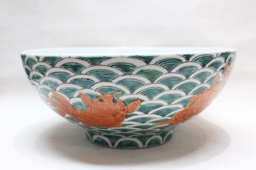 Chinese Hand Paint Porcelain Bowl,Mark: Chinese porcelain bowl, likely dating to the late 19th or early 20th century (late Qing Dynasty or early Republic period). Dimension: 9 3/4"W. The bowl is decorated with orange (iron-red) fish,