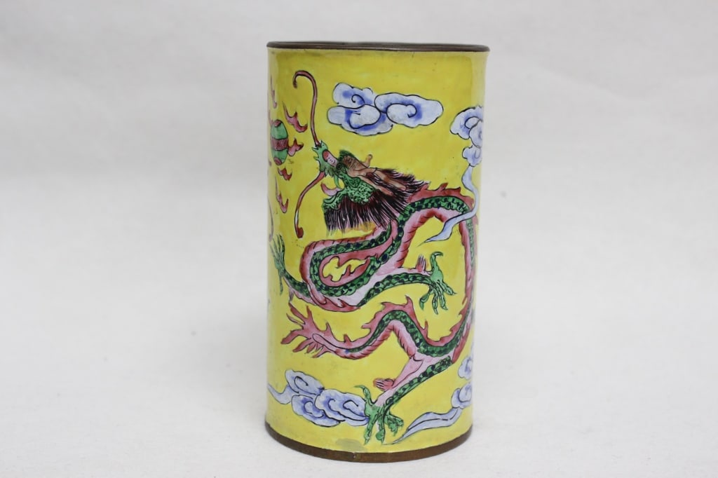 Chinese cloisonné enamel brush pot: The central design features a powerful dragon writhing among stylized clouds. Dimension: 5"H