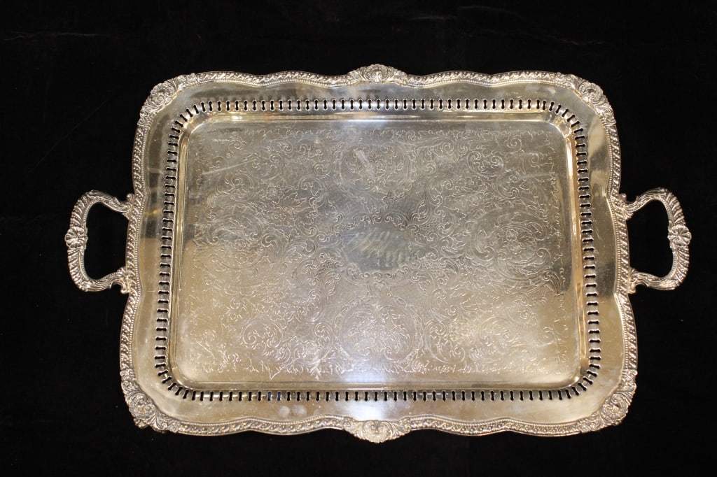 Large Ornate rectangularsilver-plated serving Tray (1 of 7)