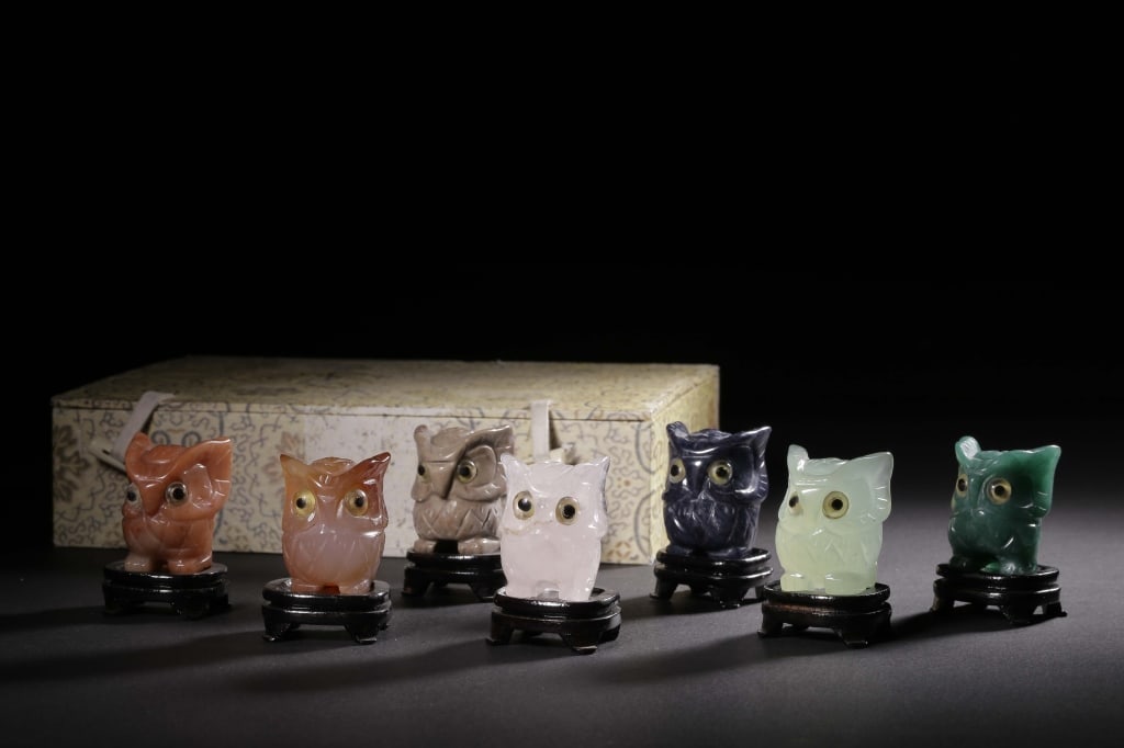 Set of miniature hand-carved stone owl figurines (1 of 9)