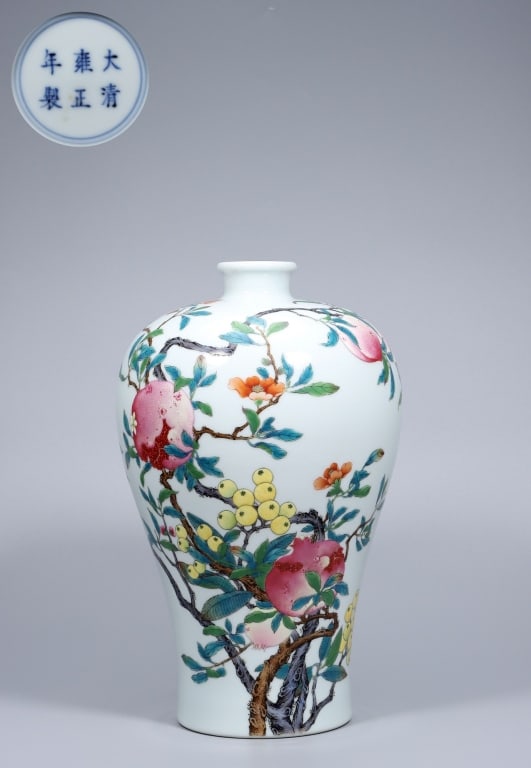 Finely Painted Chinese famille-rose Porcelain Vase: Dimension: 31.5cm Hx 18.5cm w,weight is 2499gram. finely painted Chinese famille-rose porcelain vase of elegant baluster form, decorated with auspicious fruiting branches in vibrant enamel colors.