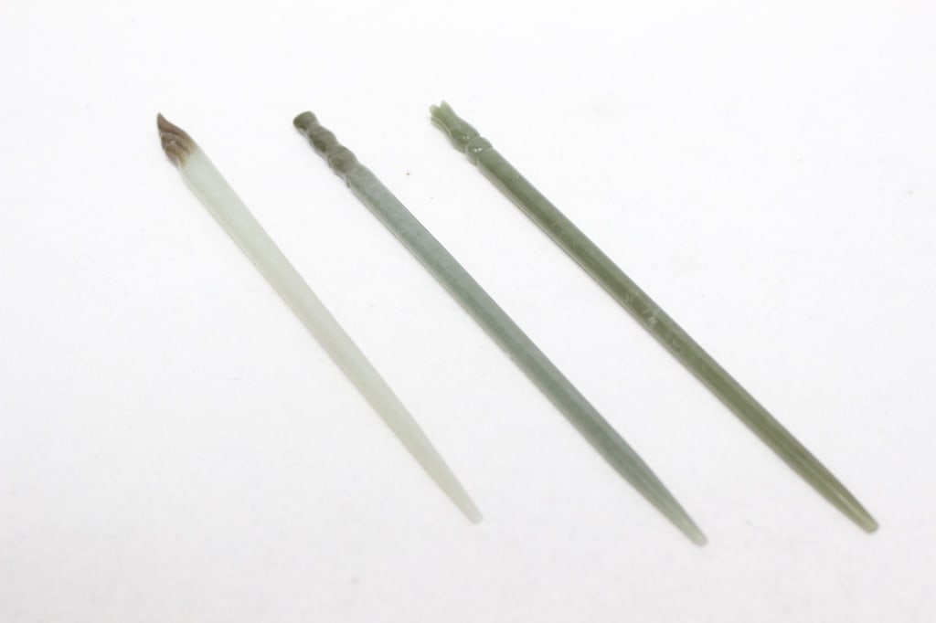 Three Chinese Jade Carved Hair Pin: Dimension: 6 3/4"L