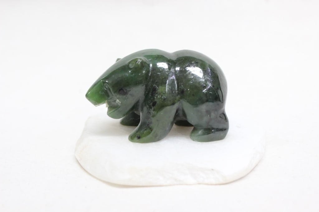 Hand-carved Spinach Jade Bear: Chunky Antique Victorian Sterling Silver Bracelet. Dimension: 4 3/4"x 4 1/4".