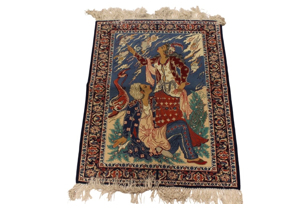 Persian Hand Made Pictorial Rug: Persian Hand Made Pictorial Rug. Dimension: 32" by 24". The central scene is figural, showing two elaborately dressed individuals in a natural setting. The individual seated lower on the left