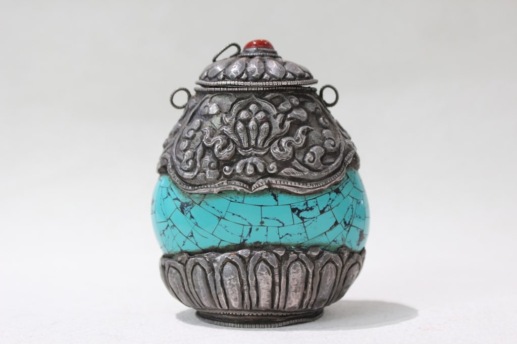 Antique Tibetan silver and turquoise snuff bottle (1 of 7)