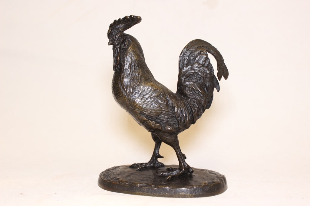 French animalier bronze sculpture of a rooster,Sig: French animalier bronze sculpture of a rooster,Signed"P.J.Mene" Dimension: 5 3/4"H The rooster is the Gallic Cock (le Coq Gaulois), a traditional national emblem of France symbolizing