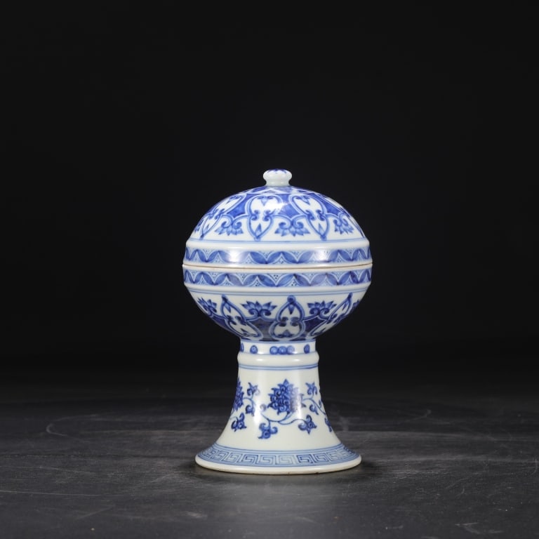 Chinese Blue and White Porcelain Stem bowl w cover (1 of 8)