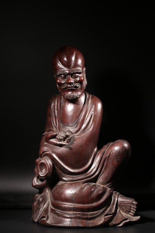 Chinese Wood Carved Luohan Figural Statue: Dimension: