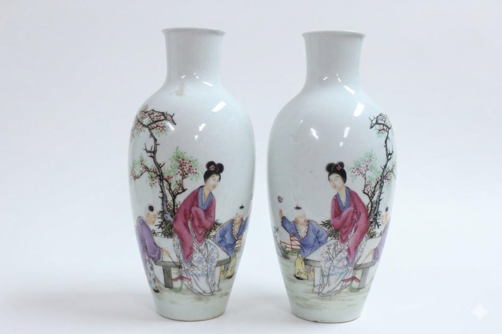 Pair of Chinese Hand-Paint Famille Rose Porcelain Vases,Mark: pair of Chinese porcelain vases features a hand-painted famille rose "lady and children" motif, a popular theme in Qing dynasty export ware. The scene typically depicts a mother or attendant watching 