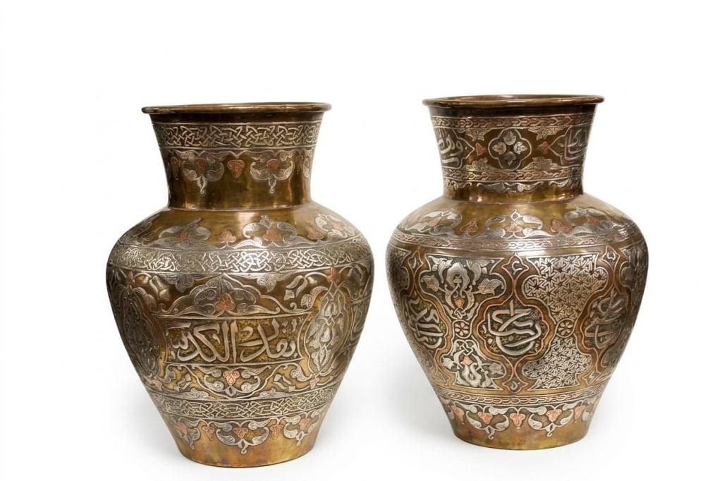 19th-century Mamluk Revival brass Vases,Pair: pair of 19th-century Mamluk Revival brass vases inlaid with silver and copper script, handcrafted in Cairo, Egypt or Damascus, Syria during the late Ottoman period. Dimension : 10"H.