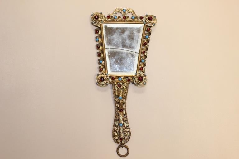 Ornate French Gilt Brass Hand Mirror.: Dimension : 5 1/2"x 11 3/4" Ornate French Gilt Brass Hand Mirror.