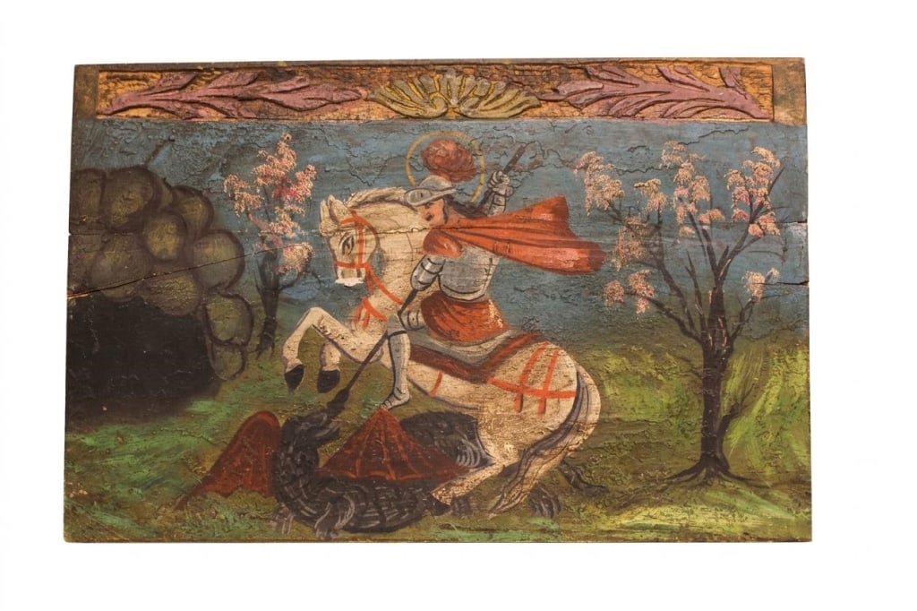 antique Eastern European religious panel painting: antique Eastern European religious panel painting or icon depicting the traditional Christian allegory of Saint George and the Dragon. Dimension : 25"x29". The painting illustrates the classic