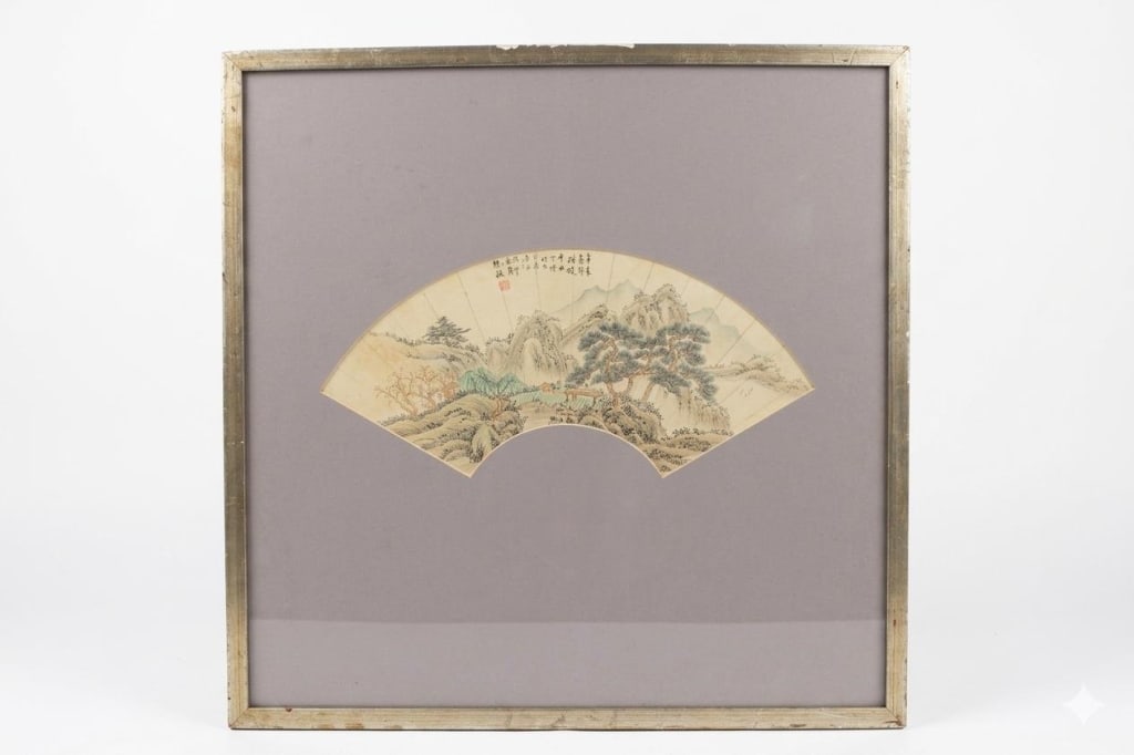 Chinese Traditional Landscape Fan Painting: Dimension: 27"x 26 1/2" rendered in ink and light color on paper, carefully unmounted from its original bamboo frame and set inside a square display frame. The text is written in running script (xings