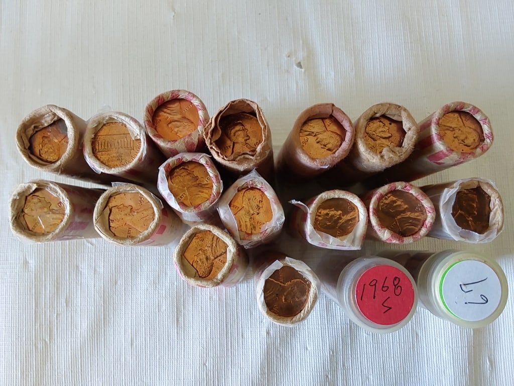 1958 p D to 1968 Lincoln Cent Roll Lot-18 BU Roll: 1958 p D to 1968 Lincoln Cent Roll Lot - 18 BU Rolls (1958 p d to 1966 16 roll unopened OBW Rolls - Mixed Dates - Copper) 1967 p 1968 s . Provenance: THESE COINS BELONG TO THE ESTATE OF AN