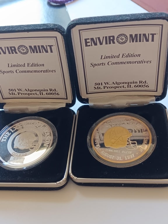 Two American Football One Gilt 999 Silver coins.: vintage 1997 Tennessee Oilers opening game commemorative medallion coin minted by Enviromint. It marks a short-lived and highly unique transitional era in NFL history.