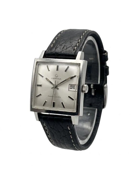 Vintage Certina T+C"Town and Country"AutomatcWatch: known for its "square" or "Cioccolatone" (chocolate bar) style stainless steel case. This model usually features an in-house Certina manual-wind movement. the dial Features a silver or sunburst dial
