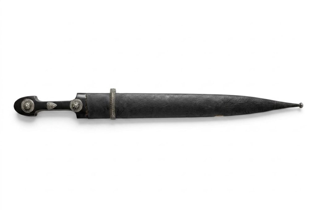 Caucasian Kindjal with Niello Silver ,20th.C: traditional Caucasian Kindjal (also known as a Kama), a straight, double-edged short sword or dagger Dimension : 17"L / 24"L . The Blade is straight and broad with a highly