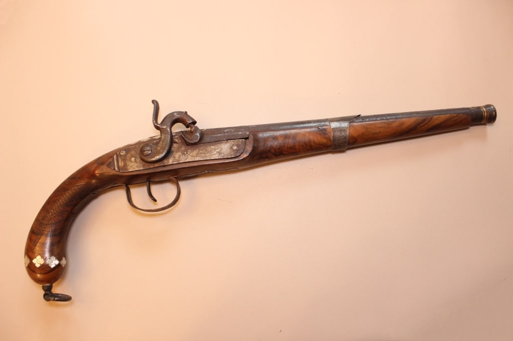 19th.C percussion cap muzzleloading pistol: antique percussion cap muzzleloading pistol, typically crafted in the Ottoman Empire, the Balkans, or Persia during the mid-to-late 19th century. Dimension : 20"L .