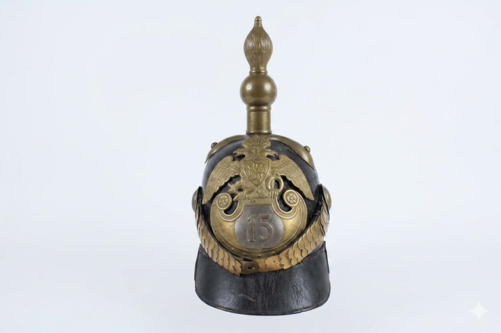 Imperial Russian Model 1844 Infanterie-Pickelhaube: Imperial Russian Model 1844 Infanterie-Pickelhaube (spiked leather helmet) worn by an enlisted man or non-commissioned officer of the 15th Infantry Regiment (Schl?sselburg Infantry Regiment).