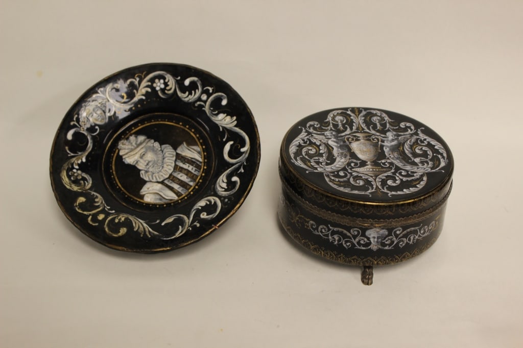 Limoges Grisaille Enamel Plate and Box: Dimension : 4 1/4"/ 5 1/4" Limoges grisaille enamel plate or tazza executed in the Renaissance style, depicting a high-ranking historical figure?likely inspired by a prominent European emperor or nobl