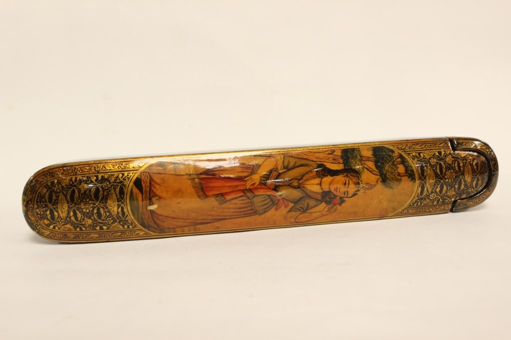 Antique Persian Qajar Period Lacquer Pen Box: Antique Persian Qajar Period Lacquer Pen Box Dimension : 9"L. The top of the lid features an elongated oval portrait of a young woman framed in a landscape. She is depicted in stylized attire with