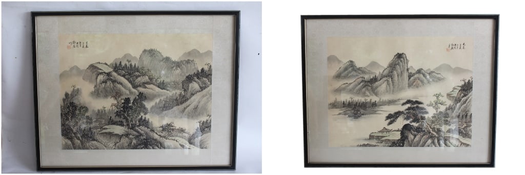 pair of Chinese Shan Shui (mountain-water) paintin: Dimension: 22"x 17 1/2" pair of Chinese Shan Shui (mountain-water) paintings, typically done with ink wash on silk or paper. They represent the classic literati style, where the goal is to capture