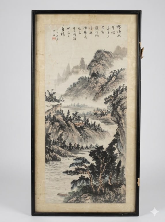 Chinese Ink and Color Landscape Painting: Dimension: 20"x38". Prominent, dark pine and willow trees cluster along a rocky riverbank. A solitary, uncrewed wooden skiff floats near the shore, a common motif in Chinese hermit art symbolizing