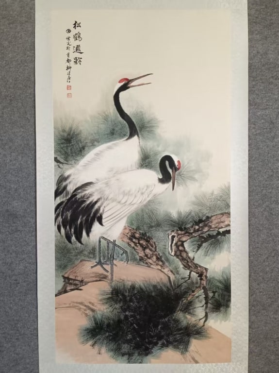 Chinese Hanging scroll Painting titled"SongHeXiaLi: traditional Chinese hanging scroll painting titled ?????? (Song He Xia Ling - Pines and Cranes Granting Long Life), created in the classic Gongbi (meticulous detailed) style. Dimension : 137X68cm