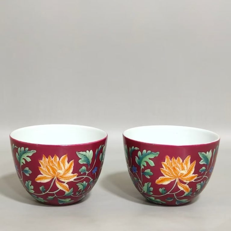 Pair of Chinese Ruby Red-ground Wine Cups,Mark: Pair of Chinese Ruby Red-ground Wine Cups,Mark. Dimension : 9cm w x 5.2cm H