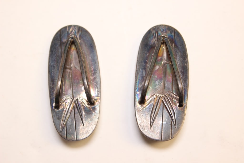 Antique Japanese sterling silver Miniature Geta: Dimension : 1 3/4"L . Each one has clearly impressed with two separate marks: "STERLING" and "950".