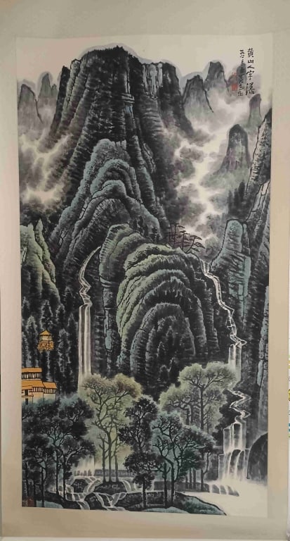 Chinese ink and color Landscape Painting: Dimension : 178X95cm. The composition depicts the majestic "Man-Shaped Waterfall" (Renzi Pu, ???) at Mount Huangshan (??), a famous scenic wonder where water cascades down the mountain face in two