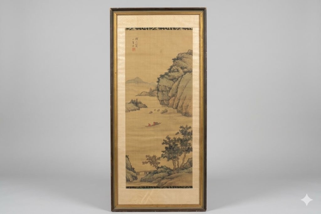 Chinese ink Color Landscape Silk Painting: Dimension : 36"x17" The upper left corner features a brief poetic or dedicatory calligraphy inscription accompanied by a small red artist's seal (ink paste stamp) to authenticate and sign the work.