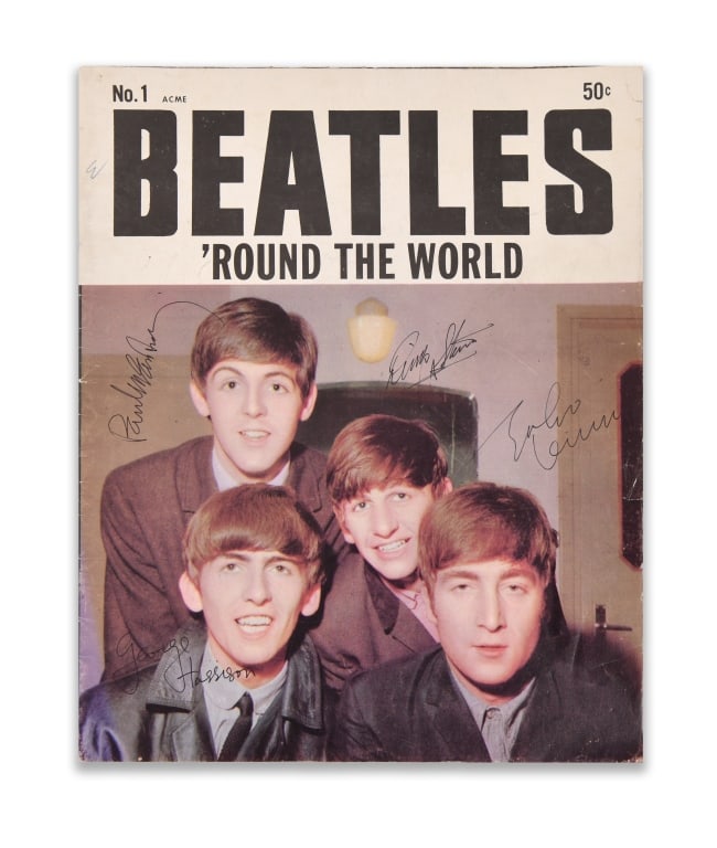 The Beatles, Fully Signed Beatles ?Round the World: The cover features a color photographic portrait of the four Beatles arranged in a close group composition beneath the bold title ?BEATLES ?ROUND