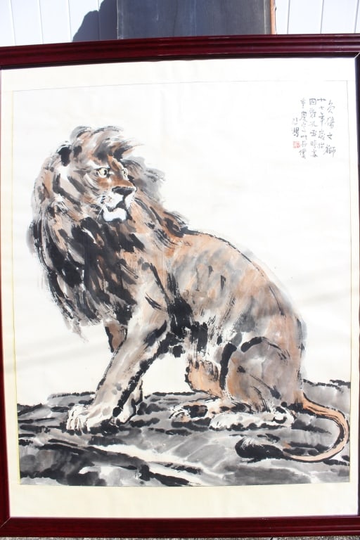 Chinese Ink and Color Painting titled"Wounded Lion (1 of 5)