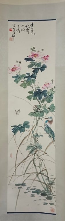 Chinese vertical hanging Scroll Painting: Dimension : 136X34cm. : The piece depicts blooming pink and white lotus flowers growing vertically out of a marshy pond. The pond features broad green leaves, reeds, and duckweed floating at the base.