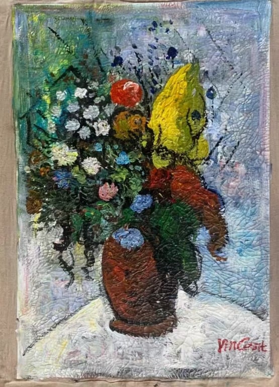 Oil on Canvas,signed.: Dimension : 60X90cm. A signature reading "Vincent" is visible in red paint on the lower right.