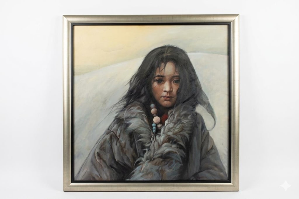 Oil on Canvas,Tibetan girl in a fur-trimmed coat.: portrait of a young Tibetan girl in a fur-trimmed coat. Dimension: 30"x 30" overall. artist signature and date written along the lower edge of an oil painting on canvas.